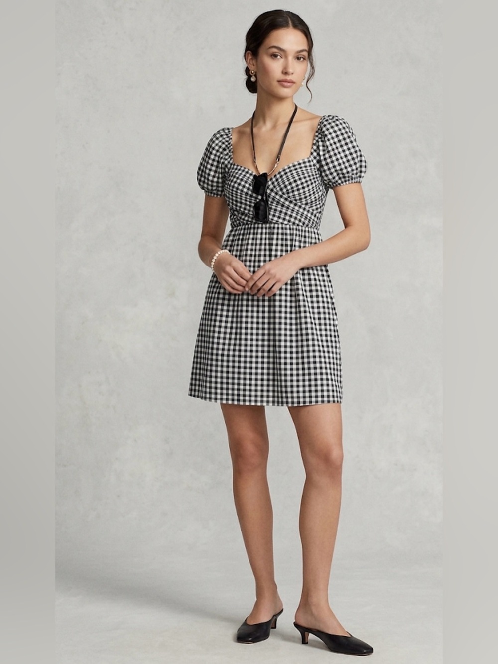 American Eagle Gingham Puff-Sleeve Mini Dress - Black/White